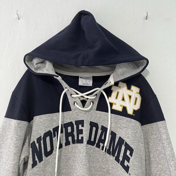Champion Notre Dame Hoodie Sweatshirt Men's Small Blue Gray Patches - Picture 2 of 13